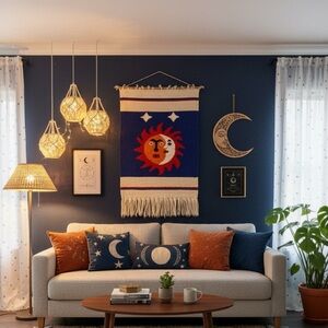 Vintage Textile wall hanging sun & moon celestial woven